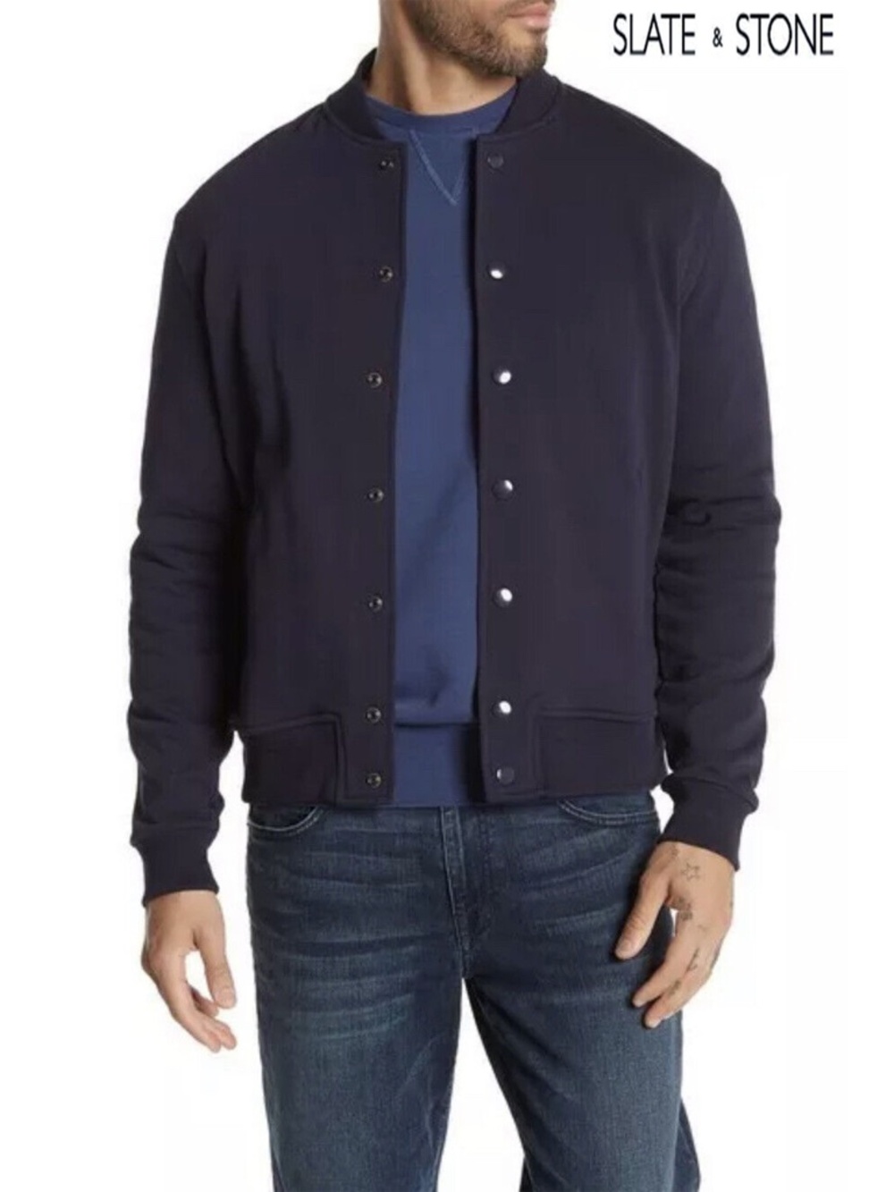 SLATE & STONE NWT FRENCH TERRY 100% COTTON SNAP FRONT NAVY BOMBER JACKET. SIZE L